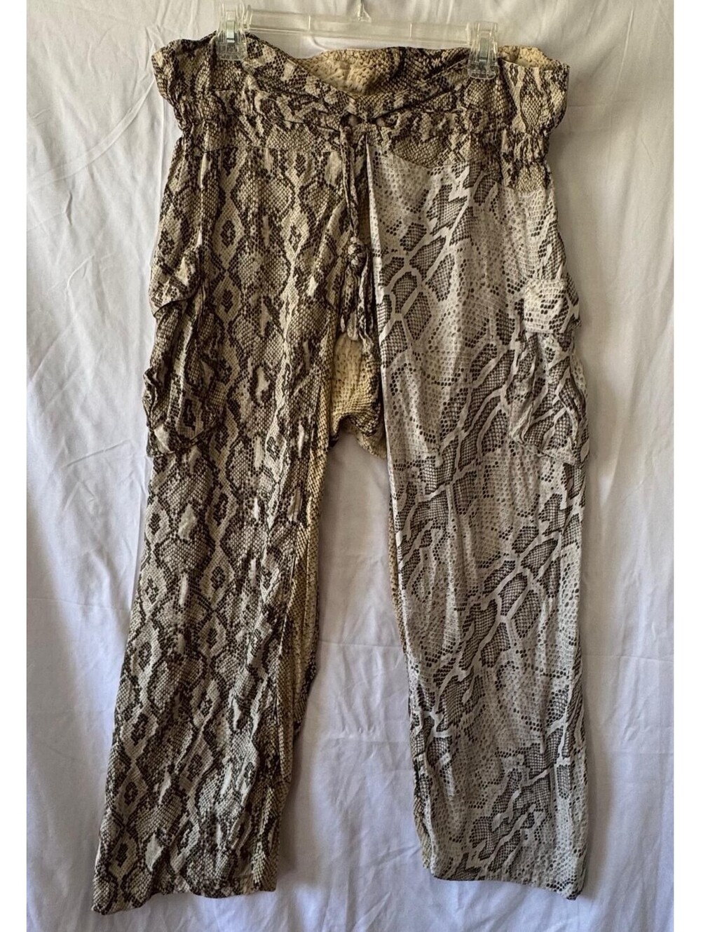 Zara Pants XL Snakeskin Cargo Wide Leg Smocked Tie Waist Python